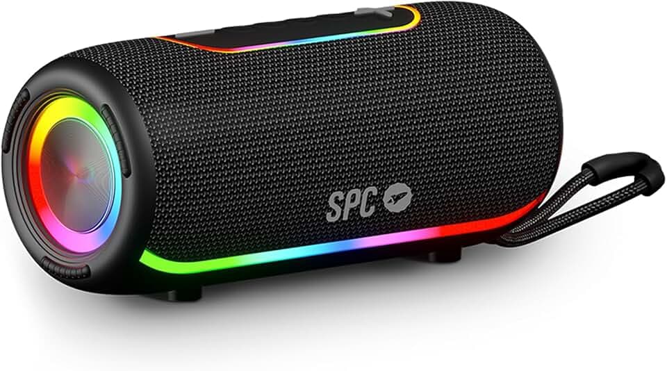 SPC Orbital Storm - Tragbarer 60-W-Bluetooth-Lautsprecher mit 360°-LED-Licht | Bis zu 20 h Akkulaufzeit | Wasserdicht IPX6 | True Wireless | USB, microSD und 3,5-mm-Buchse | Lautsprecher mit Gurt