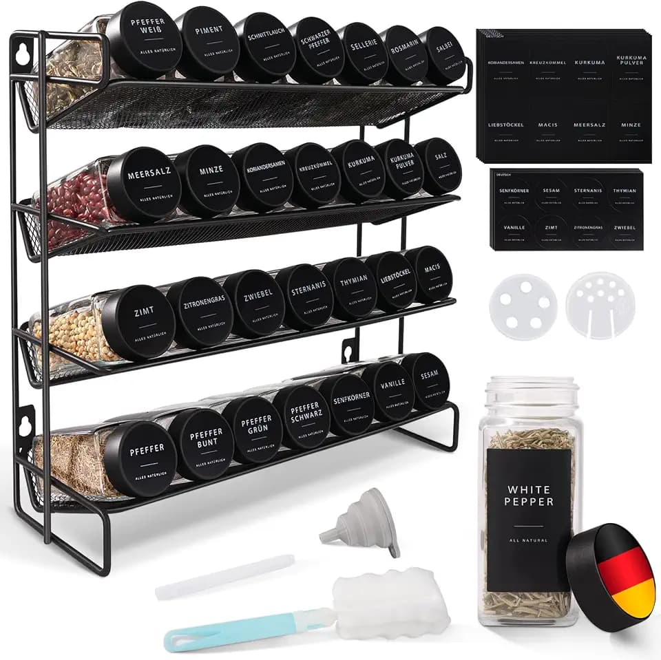 Gewürzregal Stehend & Wand - 28 Leere Gewürzgläser mit Regal und 308 Gewürzetiketten - Gewürz Organizer - Gewürzregale Spice Rack Organizer - gewürzständer - Gewürzregal mit gläsern
