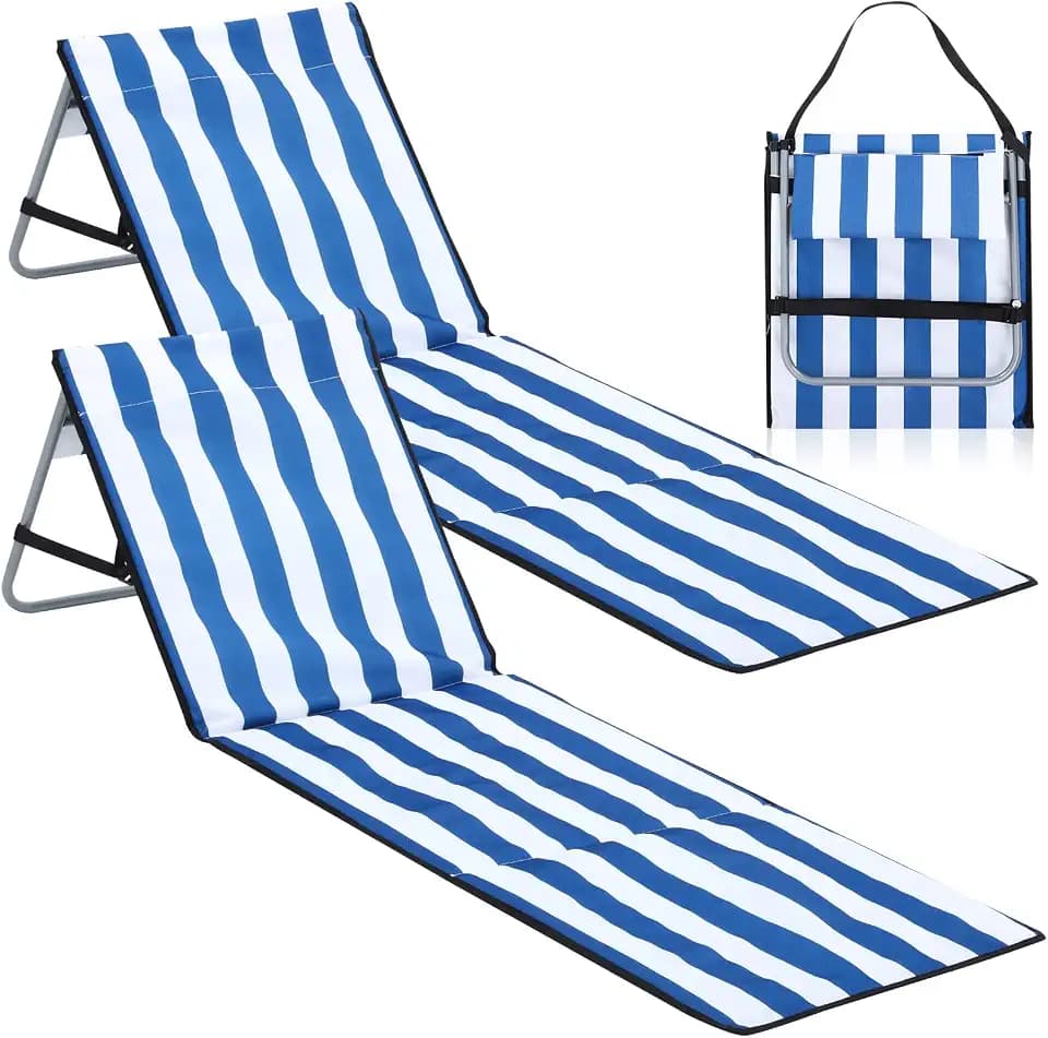 DoubleFill 2 Pcs Portable Beach Lounge Chairs Lightweight Beach Lounger for Adults Foldable Chair with Adjustable Backrest and Zipper Pocket Soft Mat Chair for Travel Tanning Sunbathing