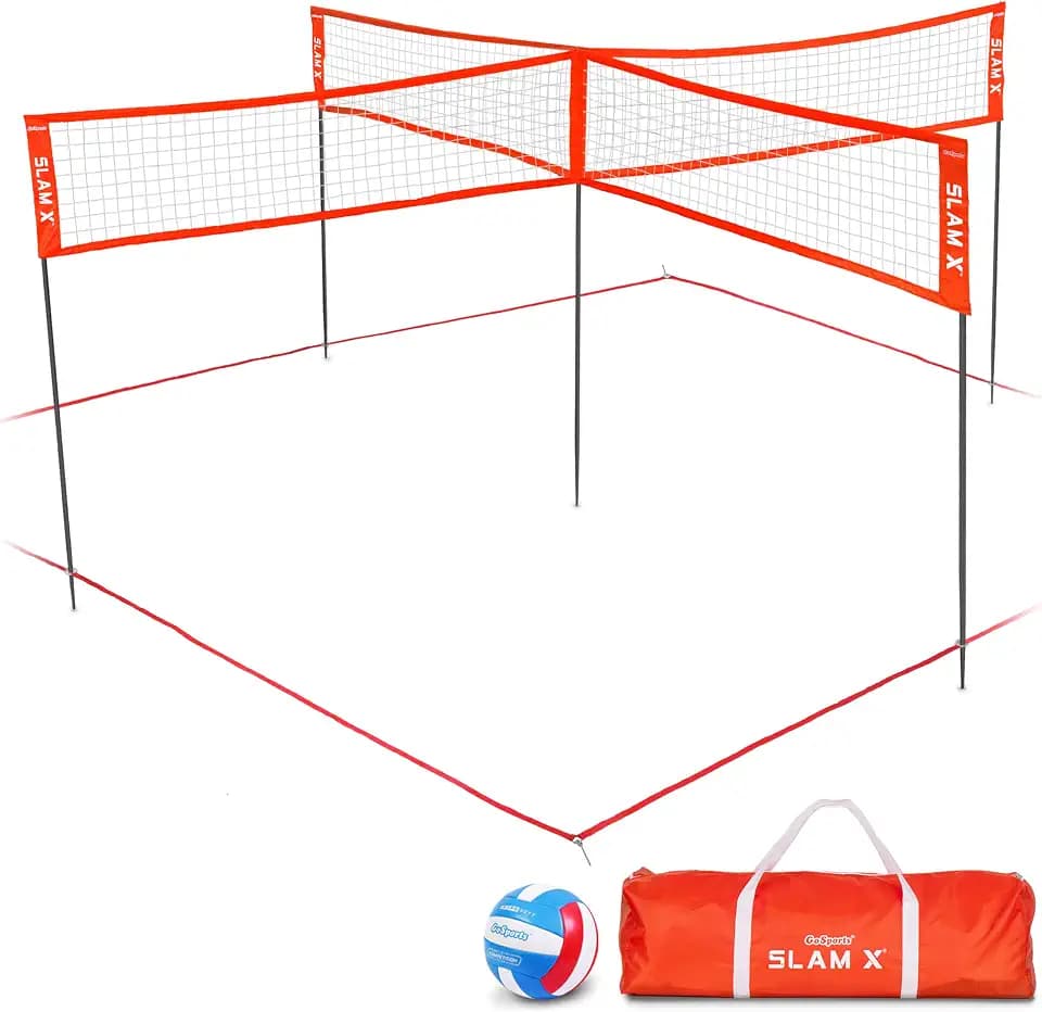 GoSports Slam X 4 Square Volleyball Game Set - 14 ft or 21 ft - Ultimate Backyard & Beach Game for All Skill Levels