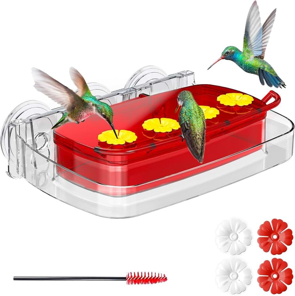 Window Hummingbird Feeder with Strong Suction Cup, Plastic Hummingbird Feeders for Outdoors, Built-in Moat,Easy to Clean and Refil (10oz) (1, Red)