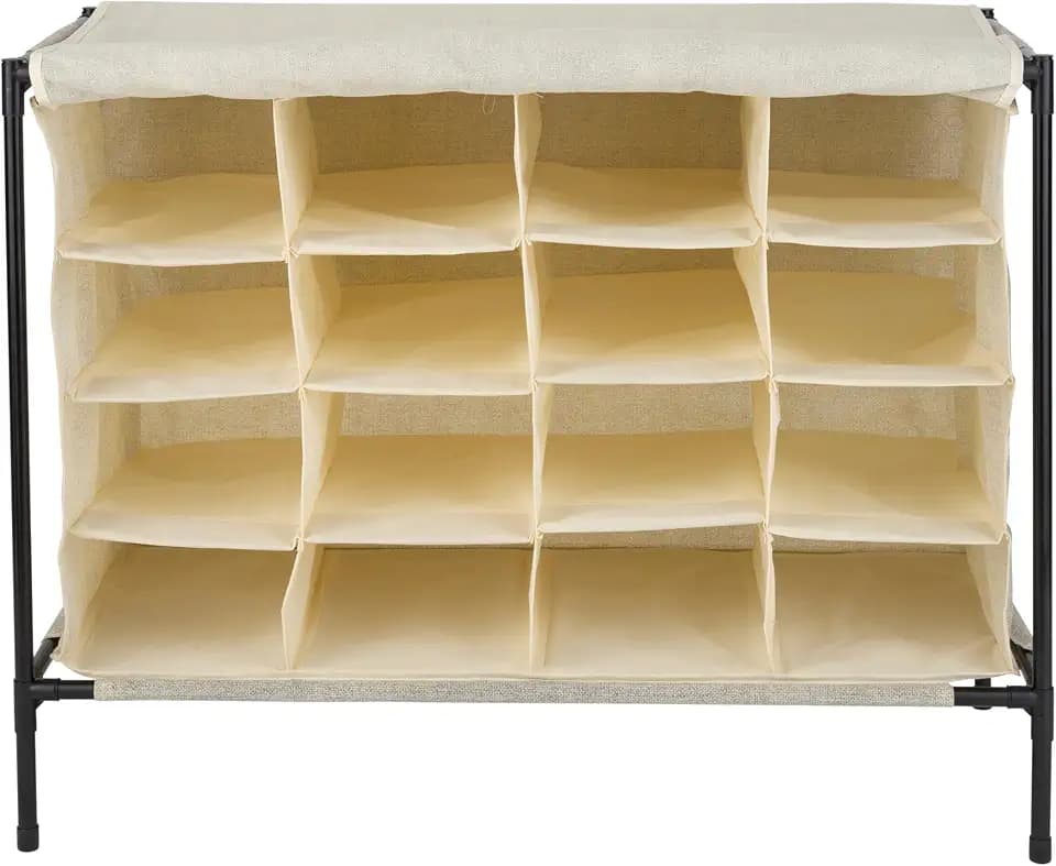 Simplify 16 Pair Shoe Rack with Cover | Stackable | Storage & Organization | Closet | Bedroom | Entryway | Beige