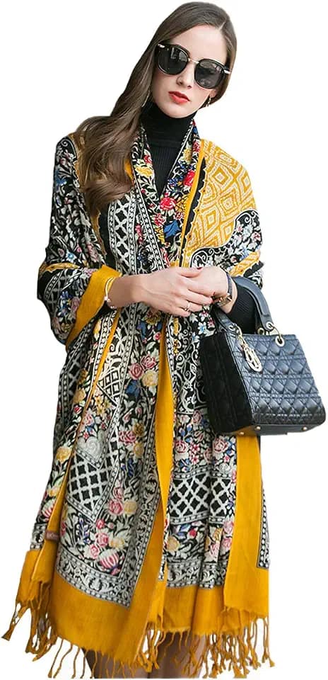 DANA XU Pashmina-Decke aus 100 % Merinowolle, Reiseschal, Kaschmir-Wickeltuch für Damen, Herbst, Winter, Übergröße, Blumendesign