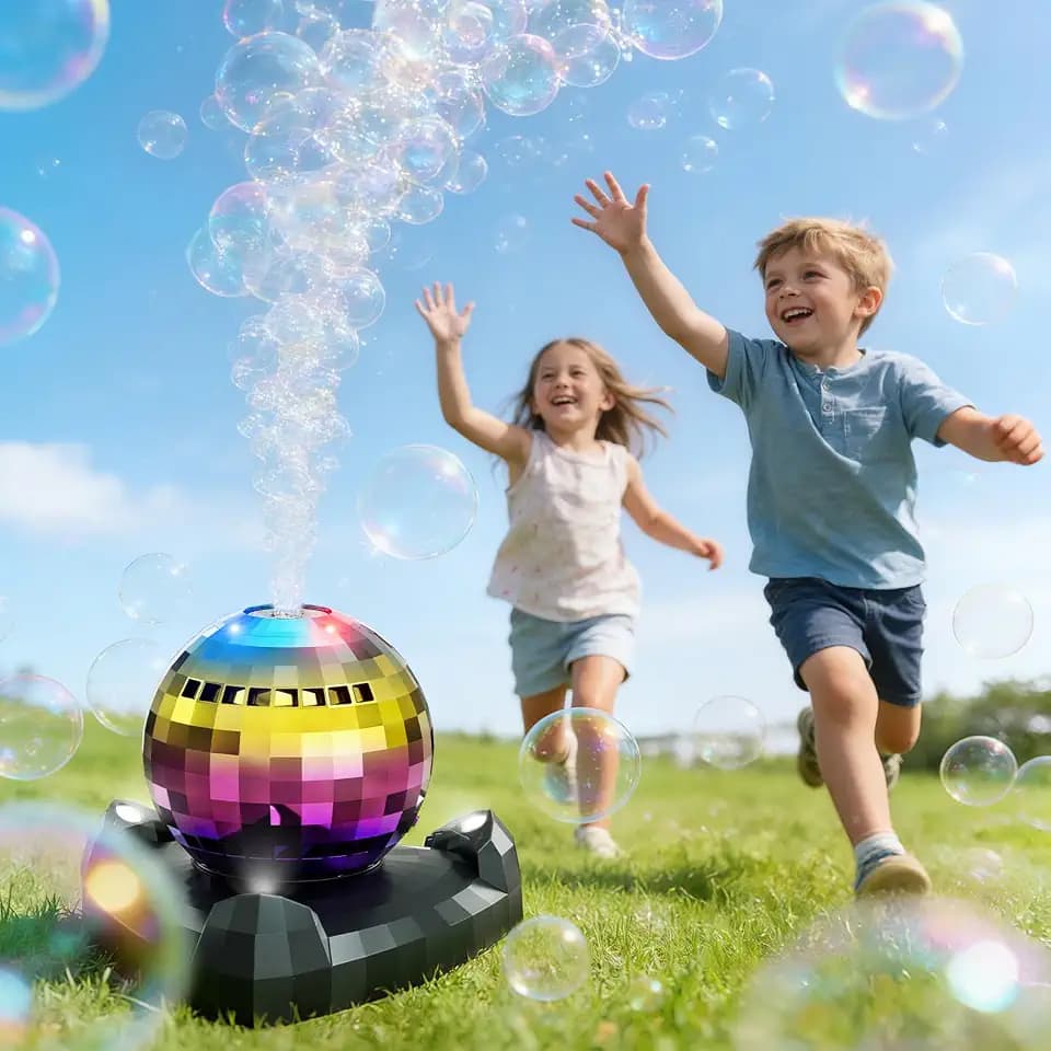Bubble Machine, Automatic Bubble Blower Maker with 360° Rotating Turntable and LED Lights, Disco Ball Bubble Machine Summer Kids Toys for Weddings Birthdays Party Indoor Outdoor Backyard Camping