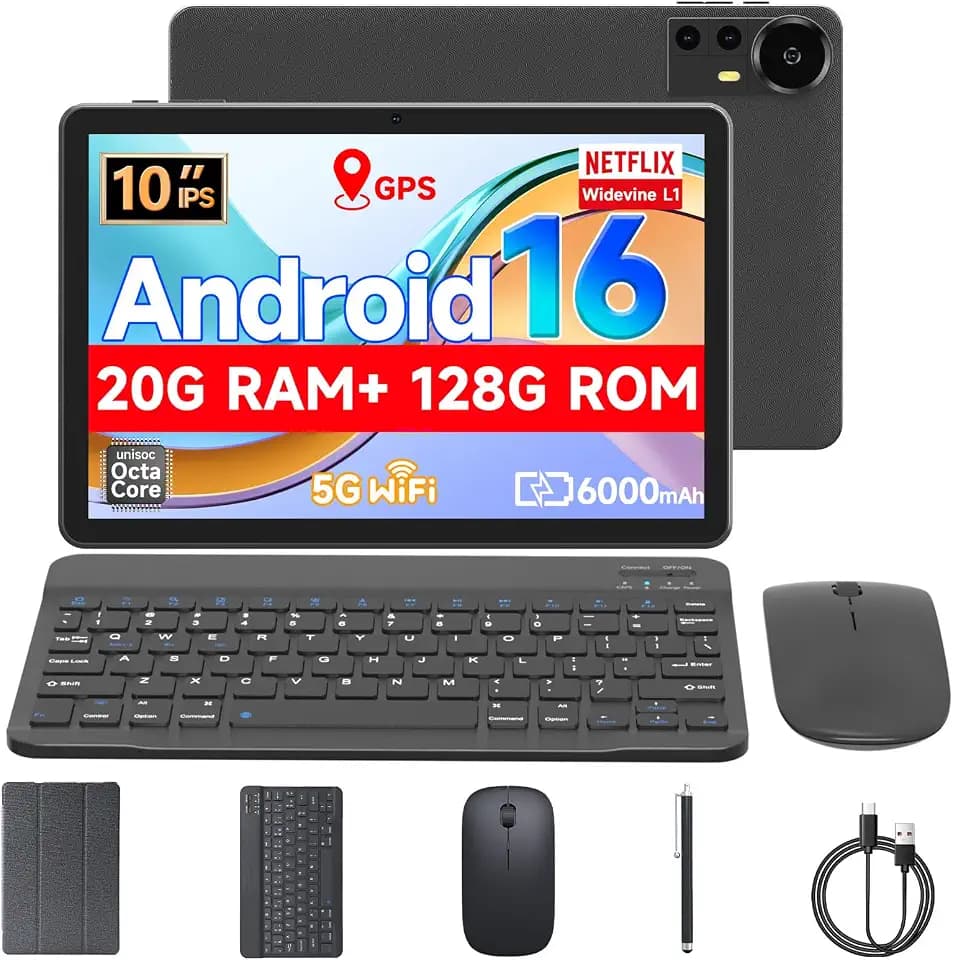 Tablet 10.1Inch Android 16.0, RAM 20GB(4+16Expand)+ROM 128GB, 6000mAh Battery, 2+8MP Dual Camera, 1280*800 IPS HD Touch Screen Tab PC Set with Keyboard+Mouse+Protective Case+Stylus (Black)