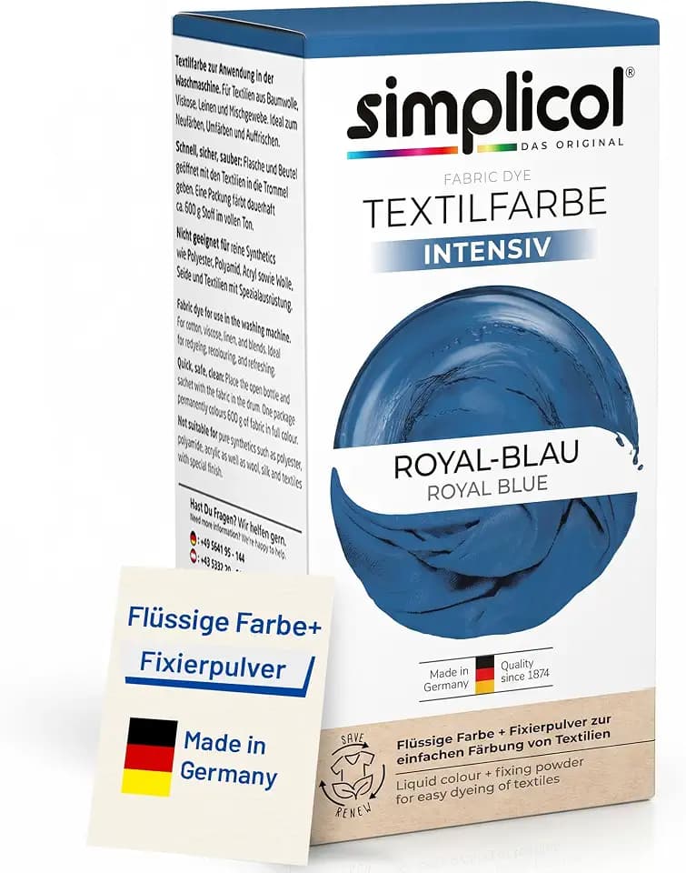 simplicol Textilfarbe intensiv Royal-Blau 1er Pack | Textilfarbe Waschmaschinenfest | Flüssige Farbe & Fixierpulver mit Salz | Stofffarbe zum Neufärben, Umfärben & Auffrischen