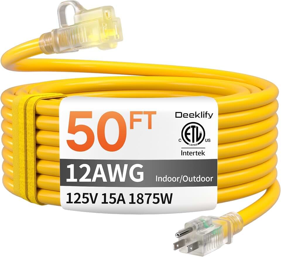 12 Gauge 50 FT Heavy Duty Outdoor Extension Cord Waterproof Yellow