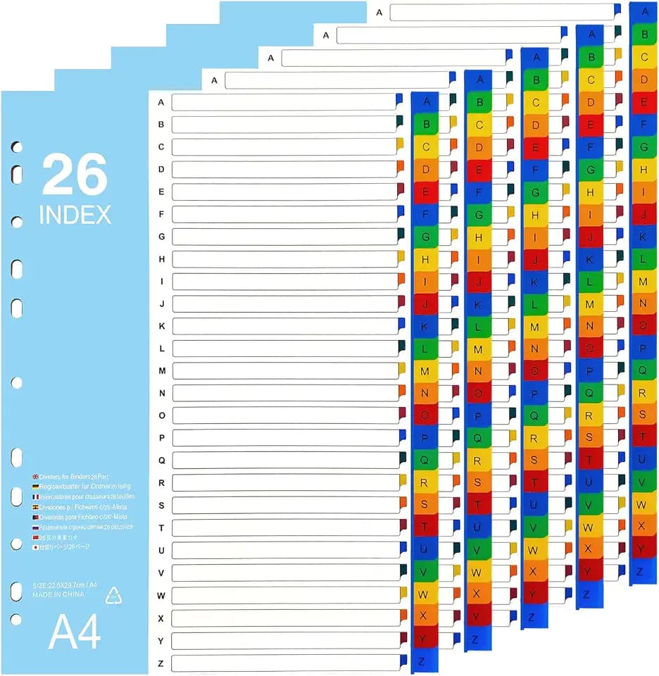 A-Z Tab Dividers, Plastic Binder Tab Dividers, Alphabet Binder Dividers for 2/3/4 Ring Binder, Customizable Table of Contents, Multicolor 26 Tabs, 5 Set
