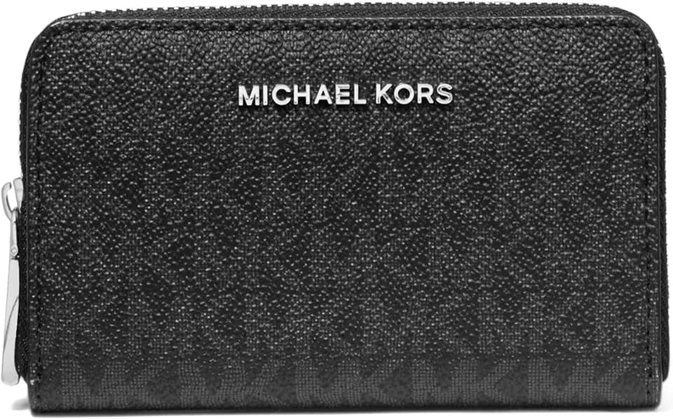Michael Kors Jet Set Small Zip Around Card Case, Silver-Tone Hardware/Signature Coated Twill/Black