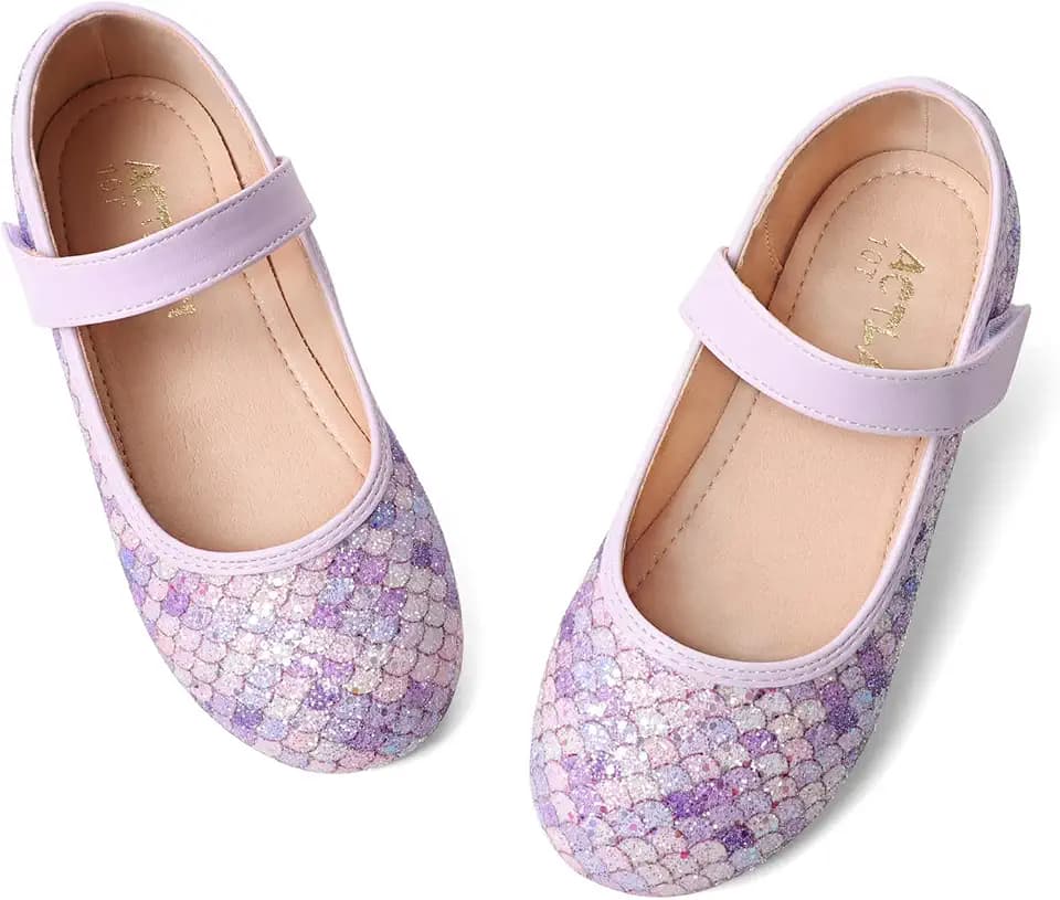 Toddler Girls Mermaid Dress Shoes Glitter Ballet Flats Non-Slip Soft Mary Jane Flower Girl Princess Shoes for School Party Wedding
