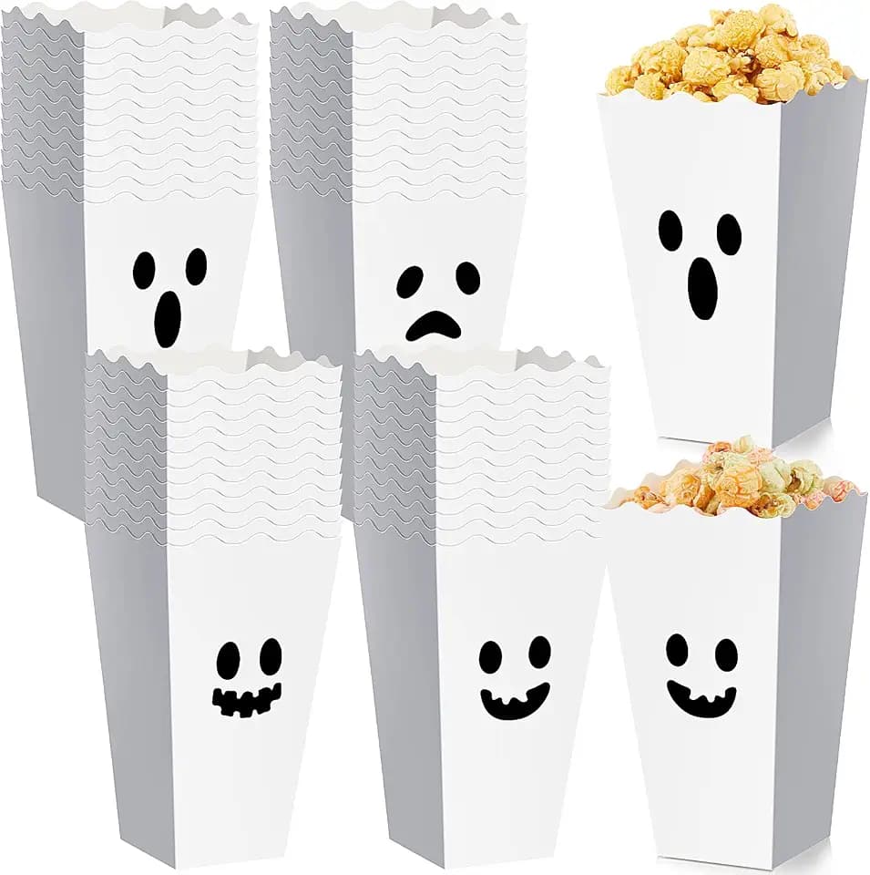 Mimorou 48 Pcs Halloween Popcorn Boxes Bulk Ghost Halloween Popcorn Buckets