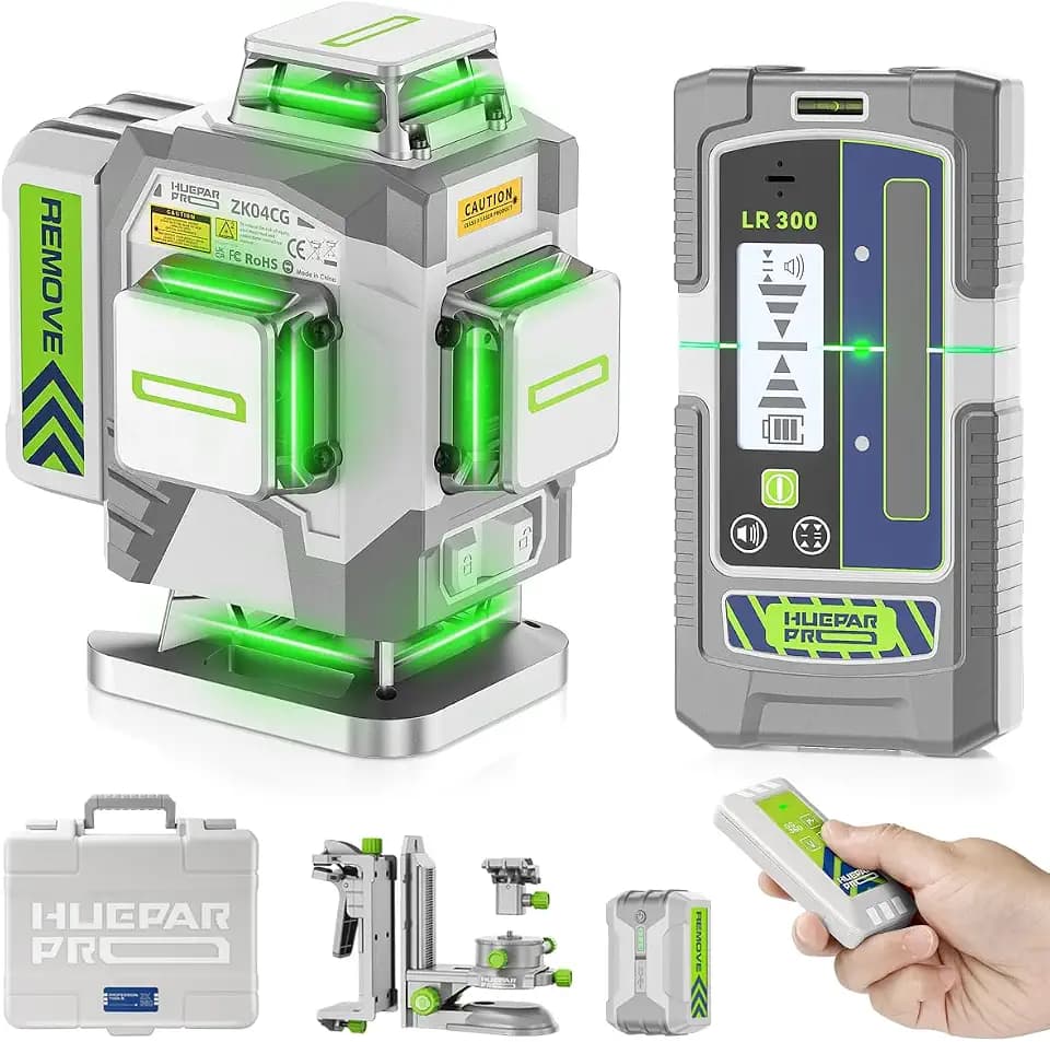 Huepar Pro Laser Level 360 Self Leveling, 4x360° Green Cross Line Laser Tool Set with Receiver for Outdoor&Long Distance Use Up to 660ft, Rechargeable Lazer Leveler Tool for Construction -ZK04CG-LR300
