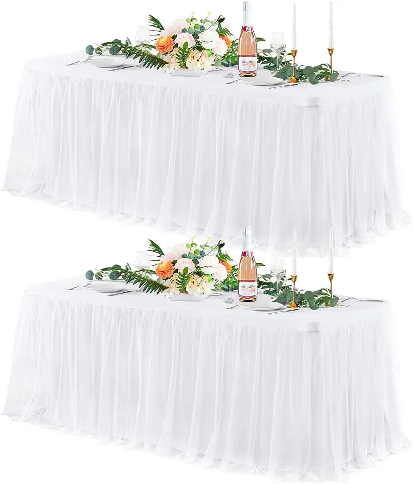 2 Pack White Tulle Tablecloths for 6 Foot Rectangular Tables, 6ft Wrinkle Free Spandex White Table Cover with Tutu Skirt for Wedding Bridal Shower Birthday Party Banquet Baby Shower Events Decorations