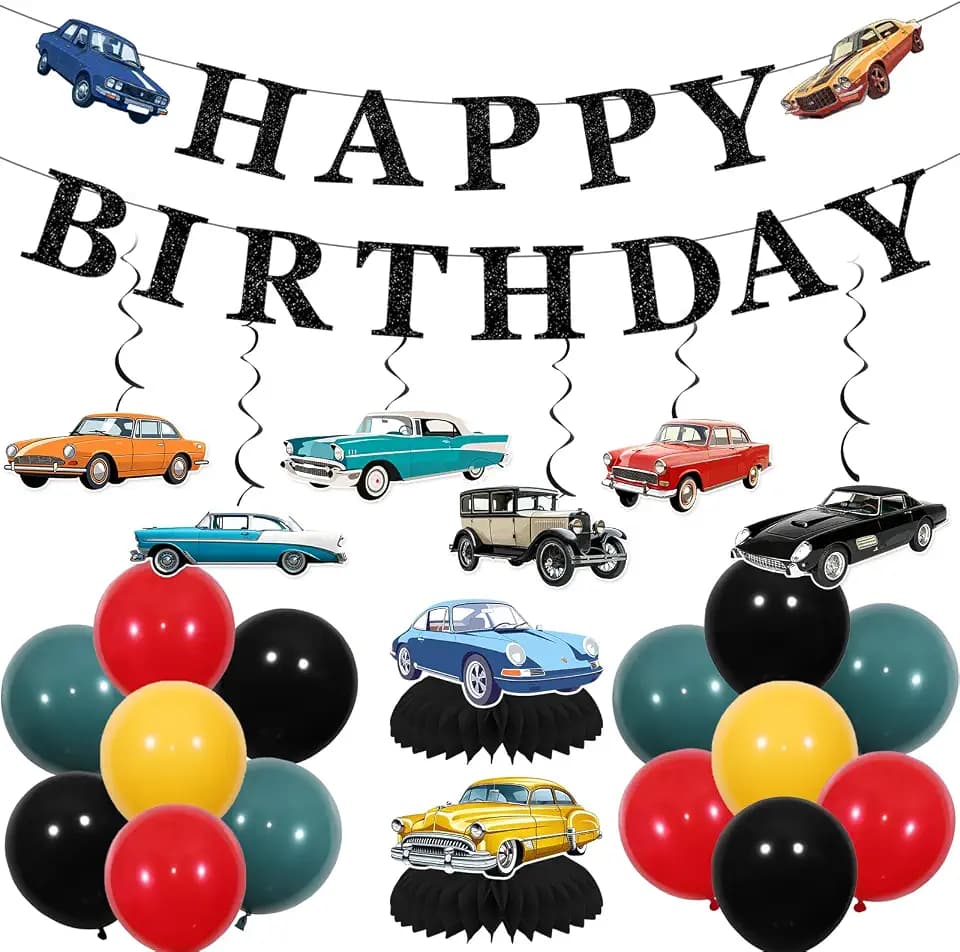 Classic Car Party Decorations: Vintage Classic Car Birthday Decorations with Banner Hanging Swirls Balloons Centrepieces Vintage Cars Birthday Decorations for Boys Men Older Cars Party Decor