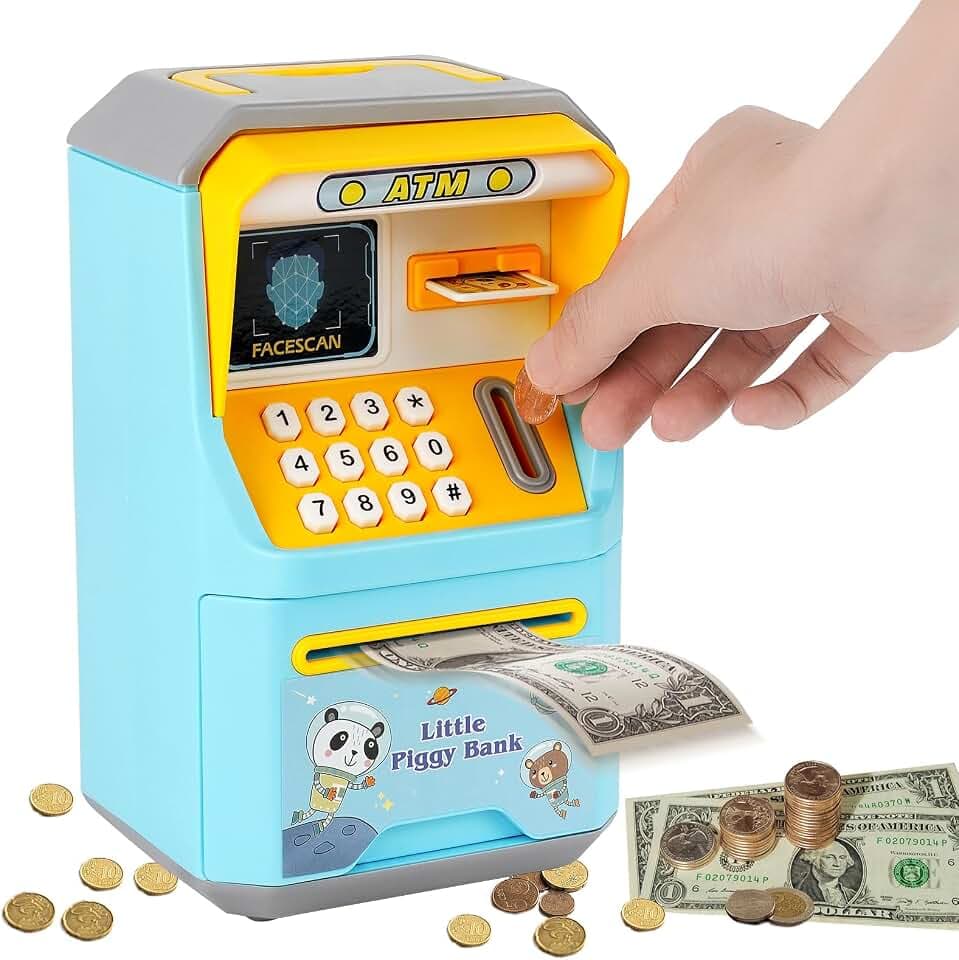 Elektronische Spardose Kinder, Sparschwein Kinder Tresor, ATM Spardose mit Passwort Geldsparbox mit Automatischem Geldscheineinzug für Jungen Mädchen, Blau