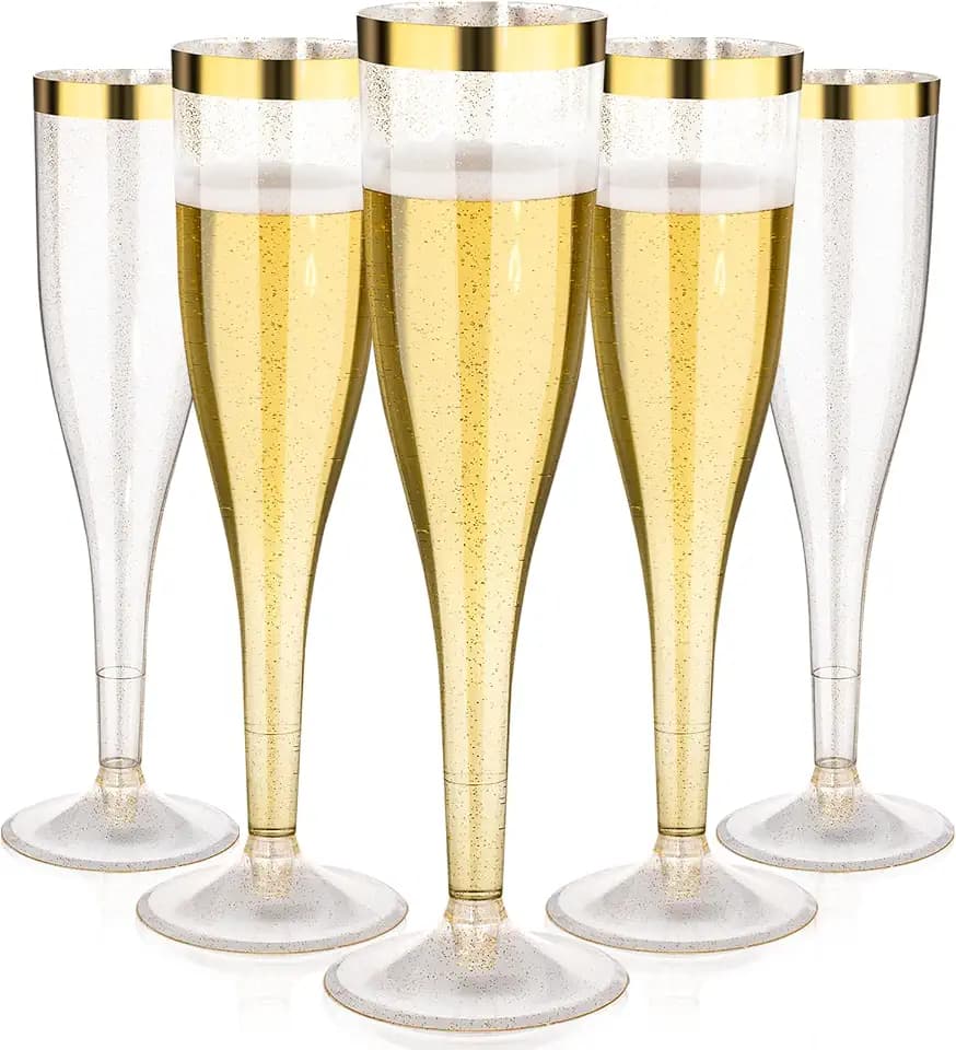 Goodluck 36 Pack 6.5oz Plastic Gold Glitter Champagne Flutes with Gold Rim