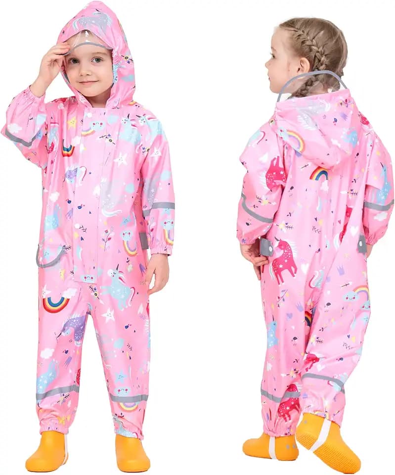 Fewlby Regenanzug Kinder - Regenoverall Jungen Mädchen Regenponcho mit Kapuze Regenjacken Kinder Wasserdicht Regenmantel Wiederverwendbar Outdoor Regenkleidung