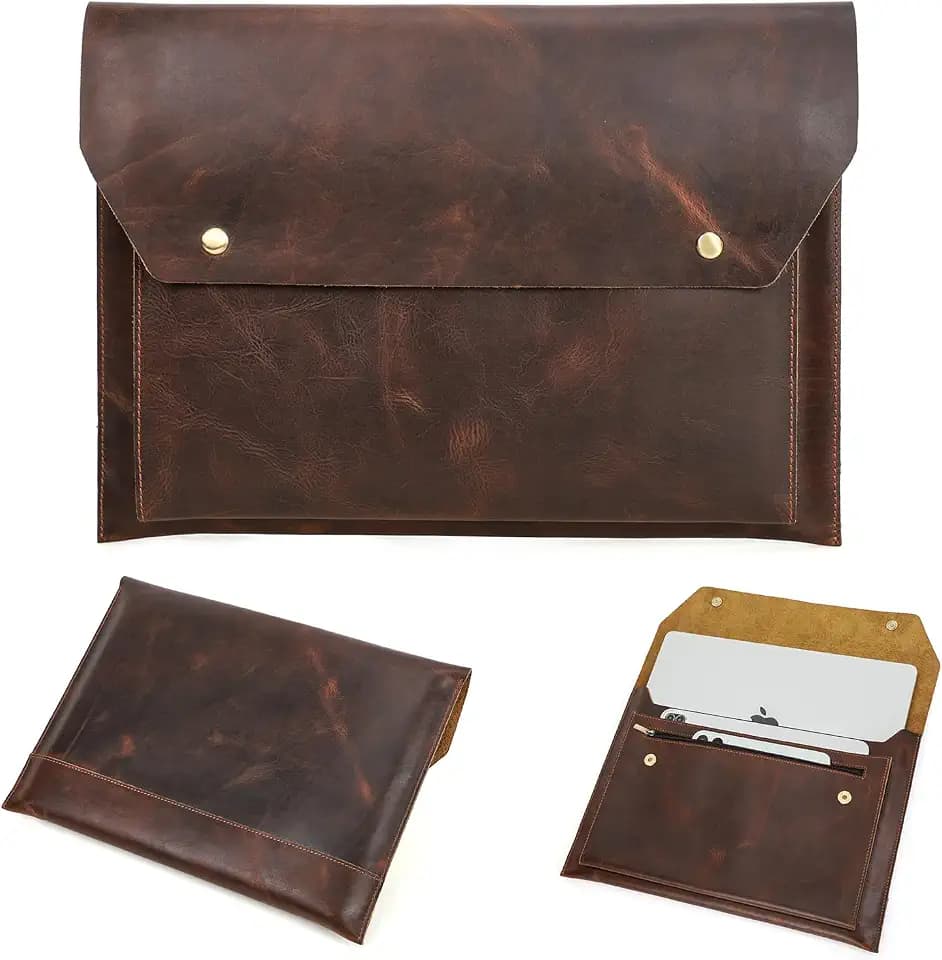 Top Grain Leather 14.2" Laptop Sleeve Bag, Magnet Snap Button Design & 3 Pockets, Compatible with MacBook Pro/Air 14"/13.3"/13.6" 2021 2022 M1 Pro/M1 Max A2442 & Other PC, Coffee 14.2 Inch