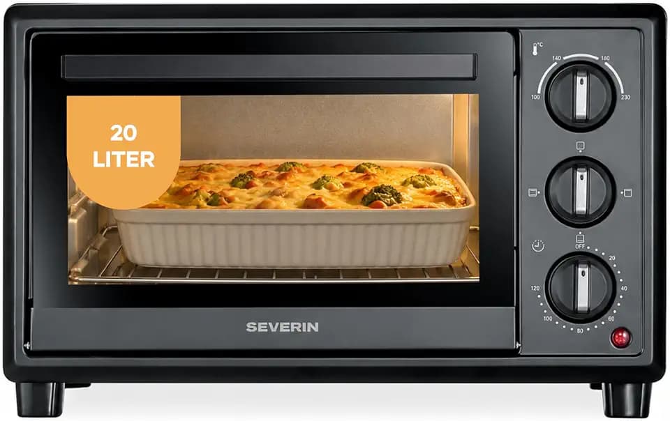 Severin Back- und Toastofen, Bake&Toast, 20L, bis 230°C, 120Min. Timer, Mini-Backofen, Ober- und Unterhitze, inkl. Krümelblech, Backblech, Grillrost, automatische Abschaltung, 1600W, schwarz, TO 2078