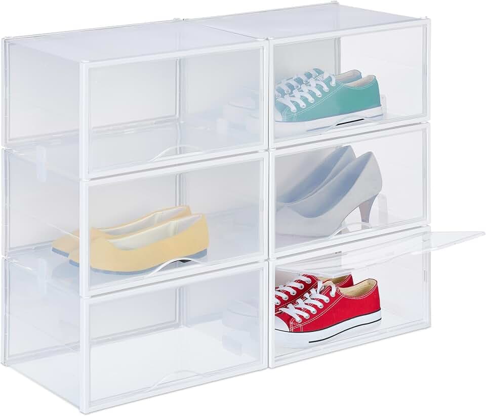 Relaxdays Schuhboxen 6er Set, Schuhorganizer, transparent