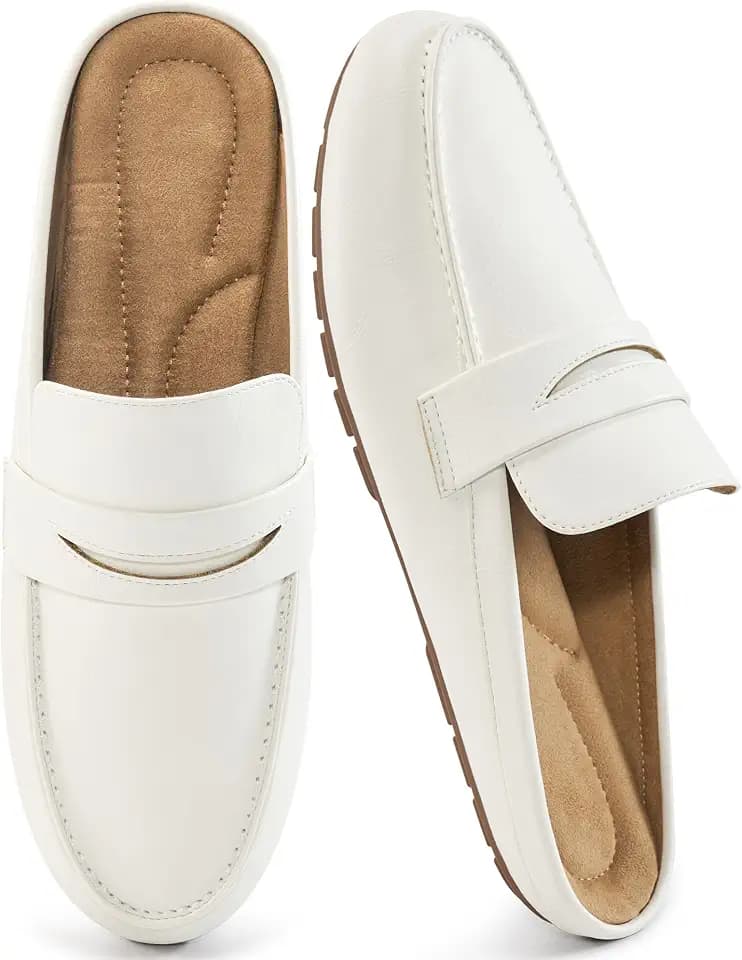 HARENCE Mules for Women Flats Shoes: Comfortable Dressy Round Toe Backless Mule Slides Casual Walking Slip On Work Loafers White