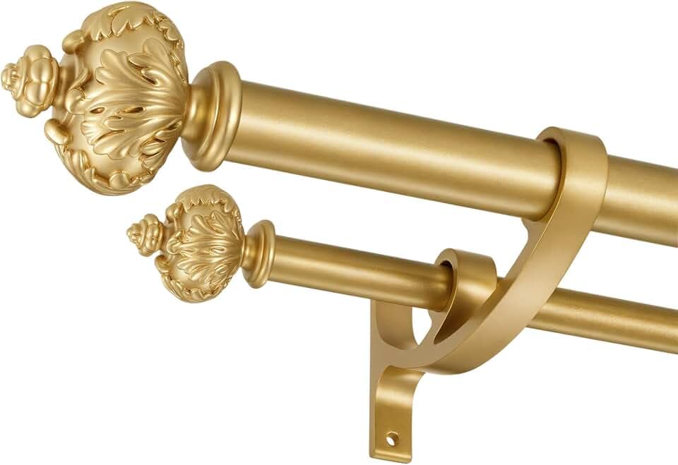 Heavy Duty Double Curtain Rod with Palm Leaves Finials and Aluminum Bouquet Brackets,Double Curtain Rods for Windows 36 to 72 Inches,1 Inch Front, 5/8 Inch Back Adjustable Double Rods,Gold
