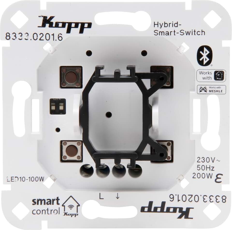 Kopp Smart-Control Hybrid-Smart Switch Schalter, 1-Kanal, 2-Draht mit Univers. Wippenaufnahme für Kopp und versch. Schalterhersteller, Smart-Home, Amazon Alexa, Google Home, 833302016