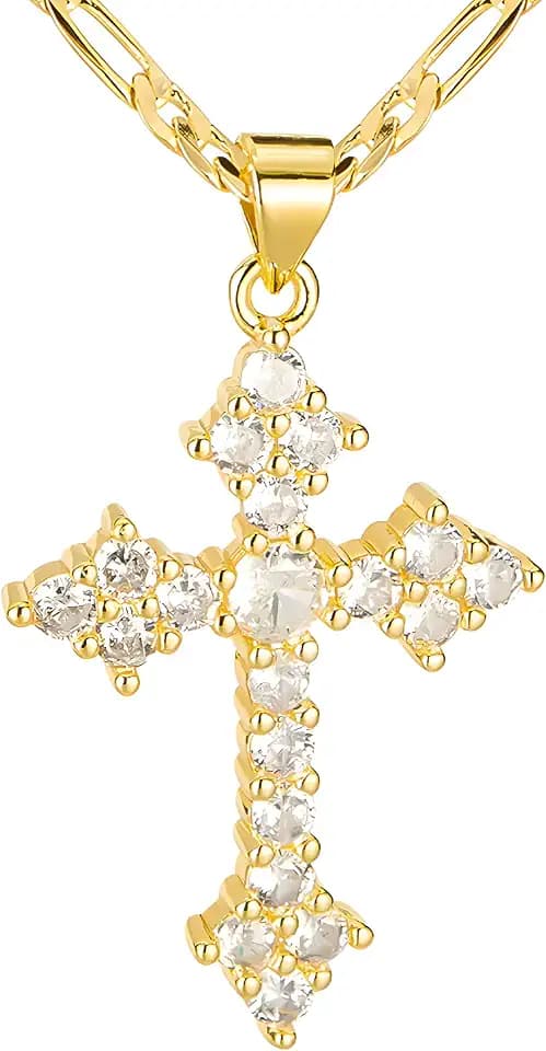 14K Gold Plated Women's Cross Necklace, Cubic Zirconia Copper Cross Pendant, Valentine's Mother's Day Gifts for Her with Jewelry Box Figaro Link Chain, Alloy Brass CZ Diamond Bridal Wedding