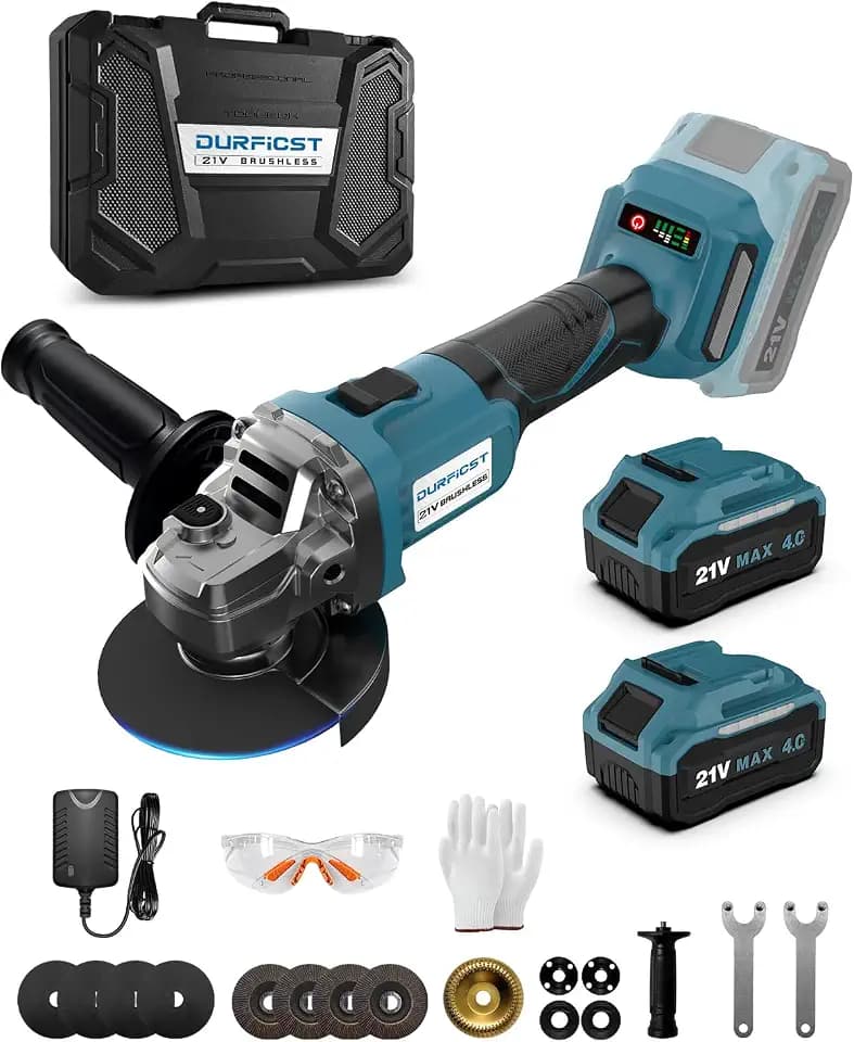 DURFICST Akku Winkelschleifer, 125 mm/10,000 RPM, Akku Flex mit 2×21V 4.0Ah