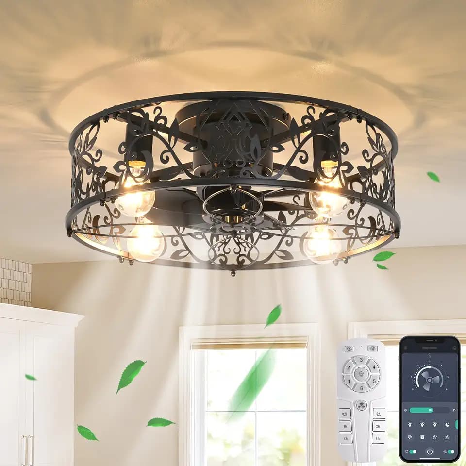 Garwarm 20" Caged Ceiling Fans with Lights and Remote, Black Flush Mount