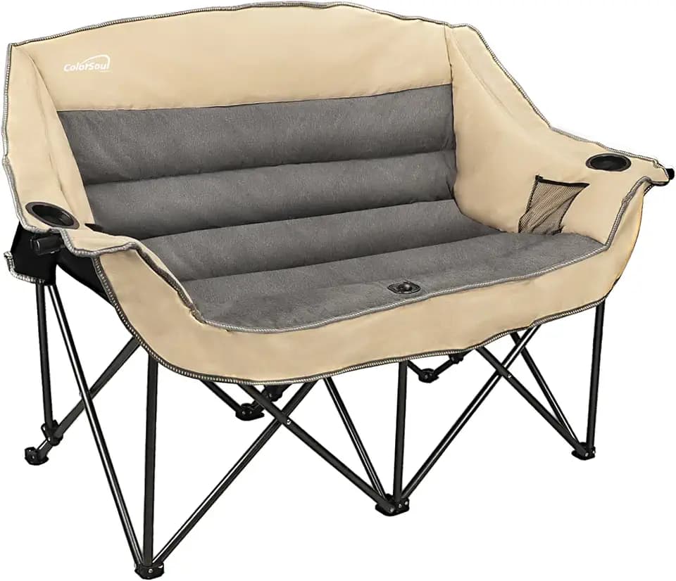 Double Folding Camping Chair Fully Padded Loveseat Camping Couch Oversized 2 Person Lawn Chair Sofa w/Cup Holder,Wine Glass Holder,Mesh Storage for Patio Picnic Beach,Support 600lbs,Beige