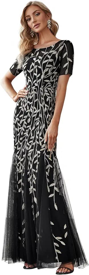 Ever-Pretty Damen Abendkleid Meerjungfrau Pailletten Tüll Partykleid Kurze Ärmel lang EZ07707