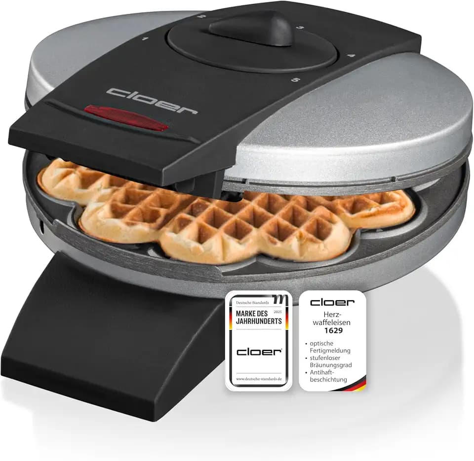 Cloer 1629 Waffeleisen für klassische Herzwaffeln, 930 W, Waffelgröße 15,5 cm, stufenlos wählbarer Bräunungsgrad, Metall, Silber