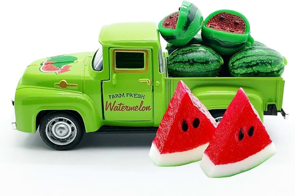 Watermelon Decor, 5.7-Inch Vintage Green Metal Pickup Truck with Resin Watermelons, Summer Tiered Tray Decor for Farmhouse Kitchen Table Shelf Mantel Party Centerpiece