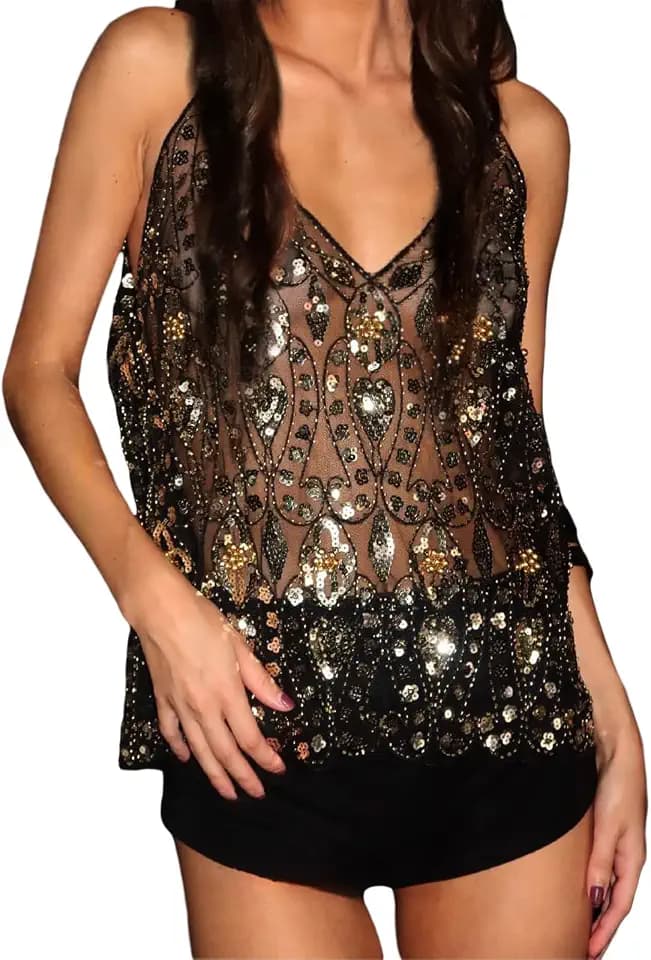 Women Y2K Sequin Sheer Tank Tops Sparkly Mesh Camisole Vest Glitter Sequin See Through Cami Tops