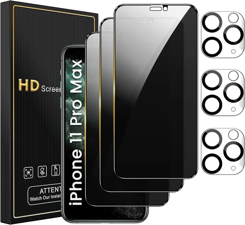 Romkasi 3 Pack Privacy Screen Protector for iPhone 11 Pro Max 6.5 Inch with 3 Pack Camera Lens Protector, Anti Spy Tempered Glass Film, Anti-Scratch, Touch Sensitive, Case Friendly