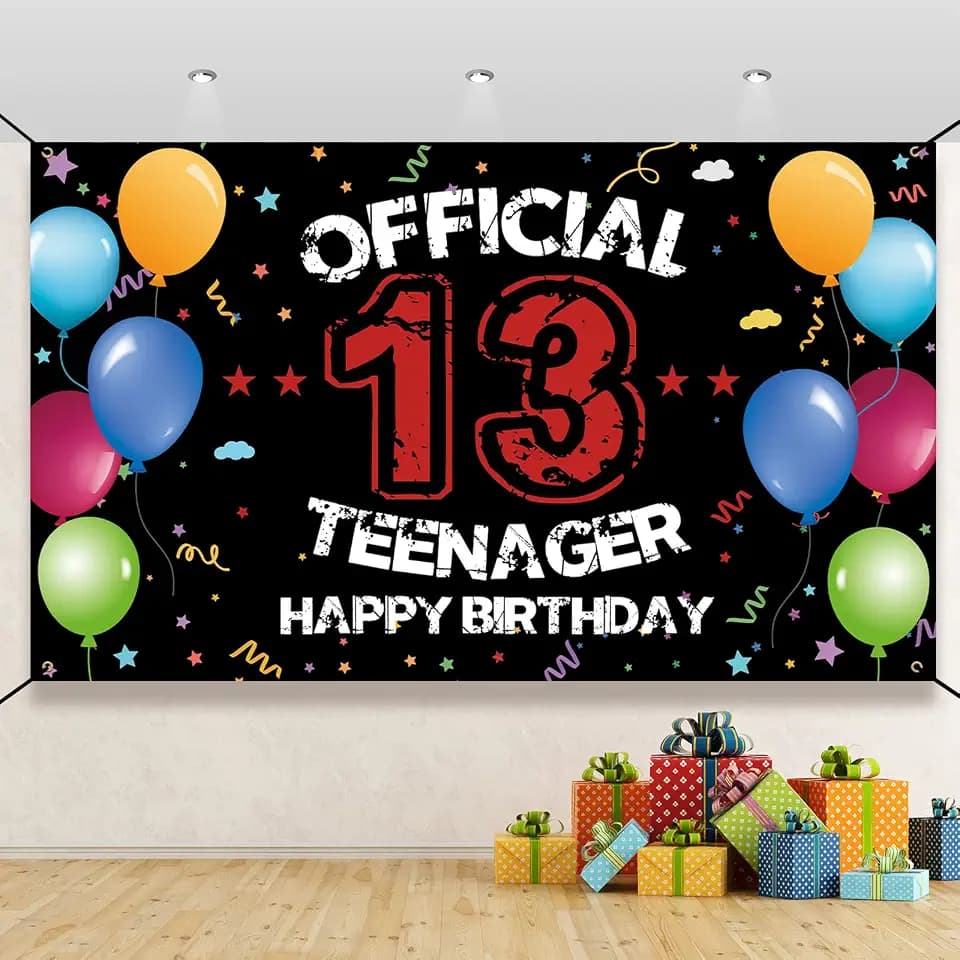 13th Birthday Decoration for Boys Girls, Happy 13th Birthday Backdrop Banner, Official Teenager 13 Birthday Party Yard Sign, 13 Year Old Birthday Photo Booth Props Decor, Fabric, 6.1ft x 3.6ft
