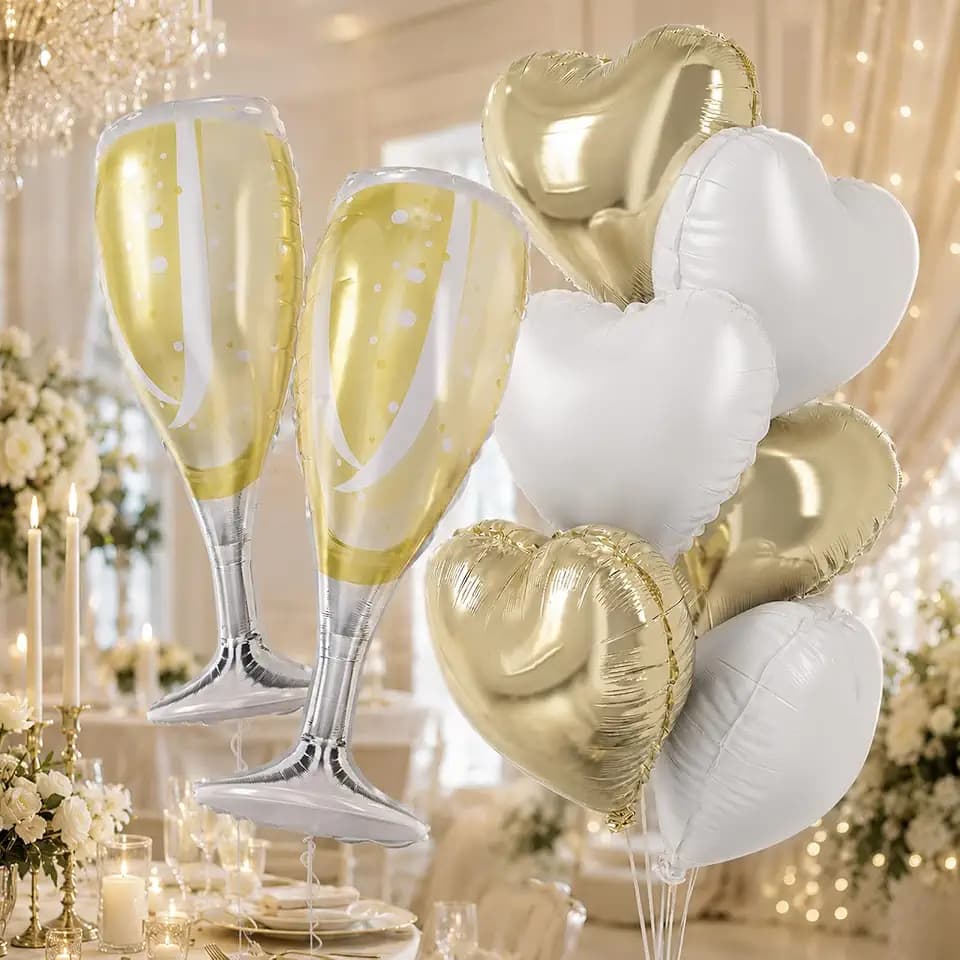 Champagne Balloons, Engagement Party Balloons with Champagne Bottle Glass Foil Mylar Balloon Gold White Heart Shaped Balloon for Wedding Anniversary Bachelorette Birthday Bridal Shower Decorations
