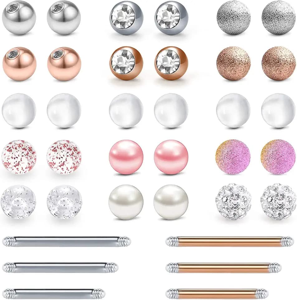 LAURITAMI 30stk Zungenpiercing Ersatz Piercing Kugeln 5mm Chirurgenstahl & Acryl 14G Bälle Nippel Barbell Piercing Körperschmuck