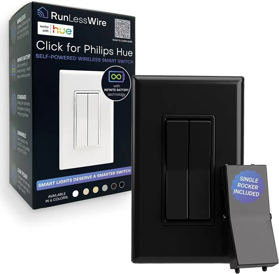 RunLessWire Click for Philips Hue Battery-Free Wireless Smart Switch Black