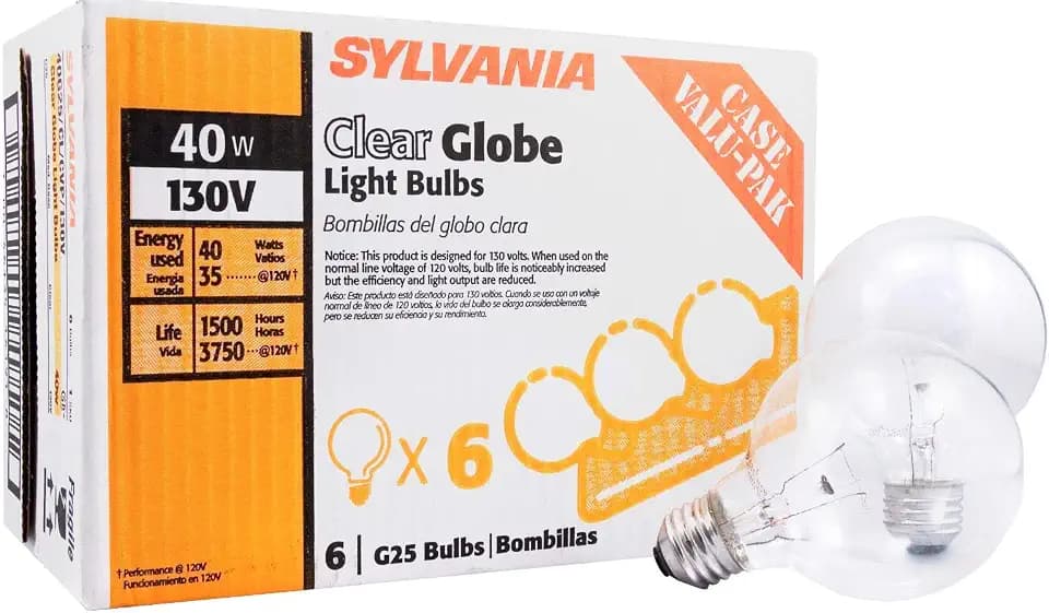 Sylvania Incandescent G25 E26 Globe 40 Watt Vanity Light Bulbs, 6 Pack