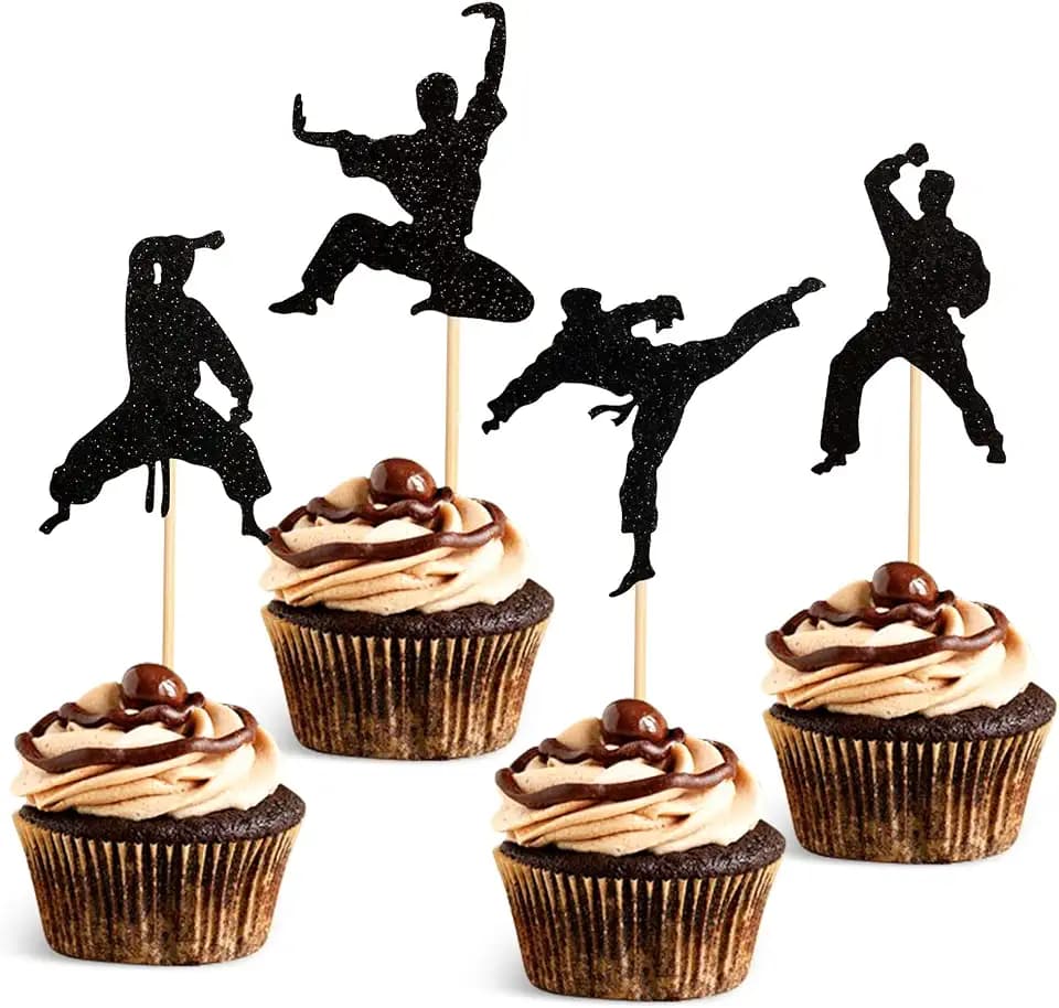 Blumomon 24 Stück schwarze Glitzer-Kampfsport-Cupcake-Topper Karate Taekwondo Cupcake-Picks für Kung Fu-Thema Babyparty Geburtstag Party Kuchen Dekorationen Zubehör