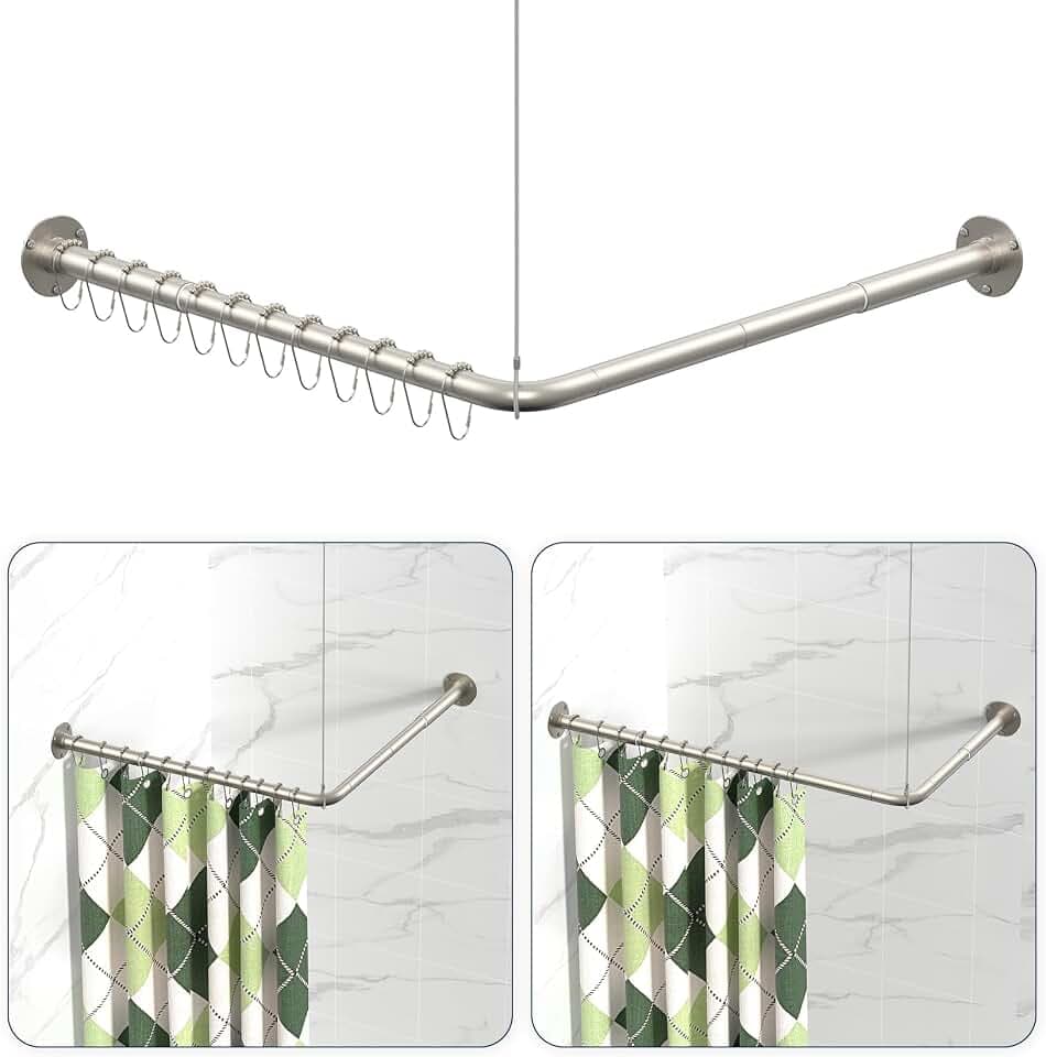 L Shaped Shower Curtain Rods, Adjustable (23''-69'' X 23''-69'') Corner Shower Rod with 12 Shower Curtain Rings for Bathroom, Bathtub, Clothing Store, Need to Drill, Silver