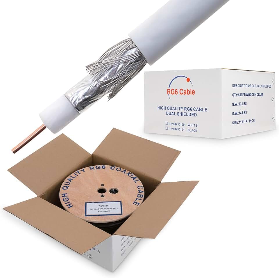 Cables Direct Online RG6 Coaxial Cable Dual Shield Bulk, 18 Gauge Copper Clad Steel (CCS) Conductor, Aluminum Braid, PVC Jacket, Reel Box, 500ft, White