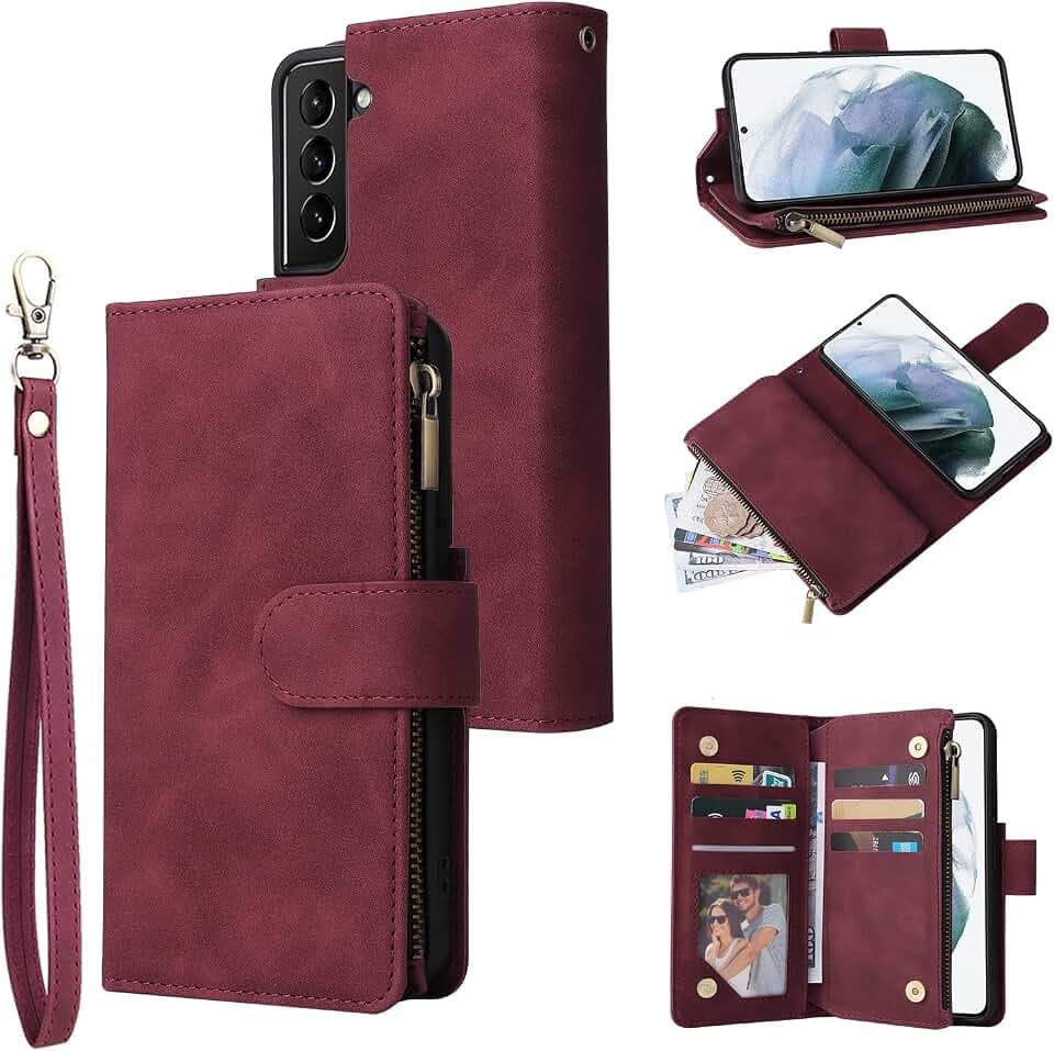UEEBAI Wallet Case for Samsung Galaxy S22 5G, Premium Vintage PU Leather Magnetic Closure Handbag Zipper Pocket Case Kickstand Card Holder Slots with Wrist Strap TPU Shockproof Flip Cover - Wine Red