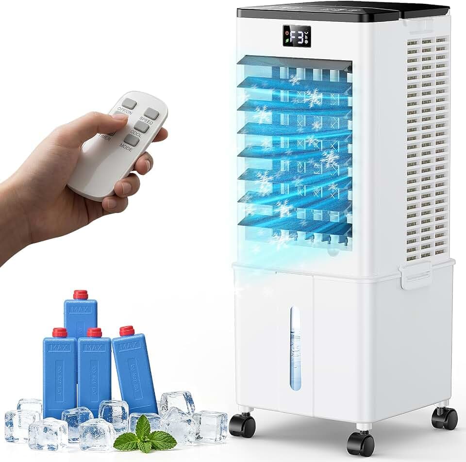 Klimagerät ohne Abluftschlauch 10L, 60W Klimaanlage Mobil 4-in-1, 12H Timer, klimaanlage ohne abluftschlauch 3 Modus, 120°Oszillation, Abnehmbare Wassertank, Tragbarer Luftkühler für Zuhause Büro