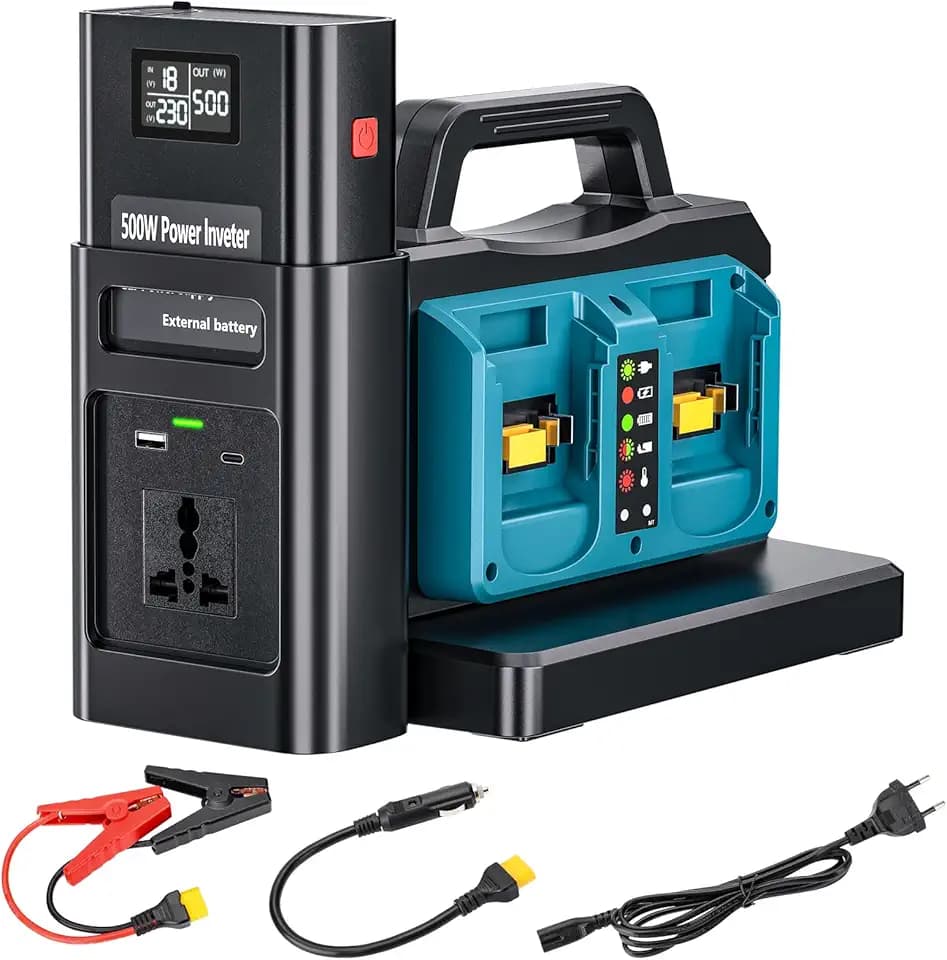 2-in-1 Wechselrichter Ladegerät für Makita 18V Akku, 500W Spannungswandler, 4-Port DC 18V Auf AC 230V Reiner Sinus Wechselrichter, Stromwandler für Camping, Wohnmobil(Batterie Nicht Enthalten)