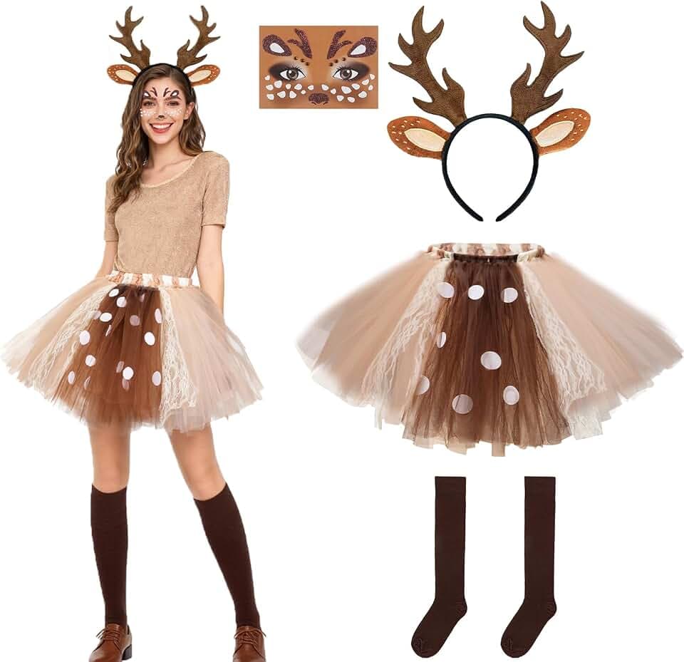 Rentier Kostüm Damen Rentier Haarreif Tüllrock Temporäre Tattoos Socken Reh Kostüm Weihnachtskostüm für Halloween Weihnachten Cosplay