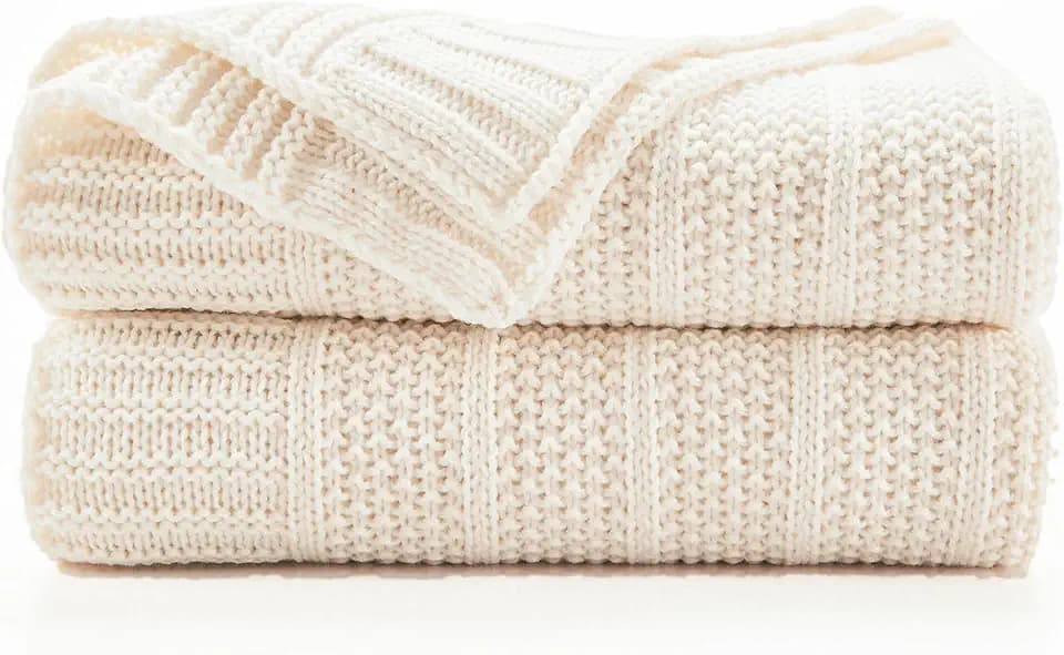 Douceur Cream White Stripe Knit Throw Blanket 50"x60"