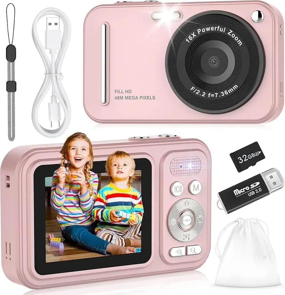 Digital Camera for Kids, 48MP FHD 1080P Point and Shoot Digital Cameras with 16X Zoom Anti-Shake, Compact Portable Cameras for Photography, for Boys Girls Teens Beginners-Pink